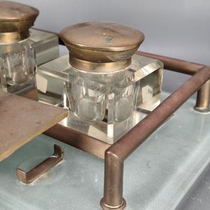 Juego de Tintero Antiguo Vidrio y Bronce con Secante - imagen 3