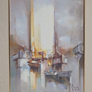 Óleo de Barcos y Puerto por Fernández Cabral - imagen 2