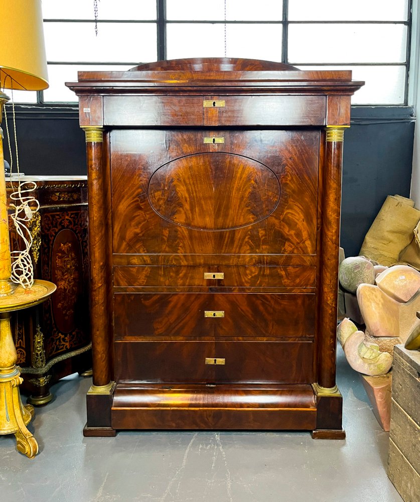 Bureau Secretaire Imperio Caoba y Roble con Columnas y Apliques de Bronce