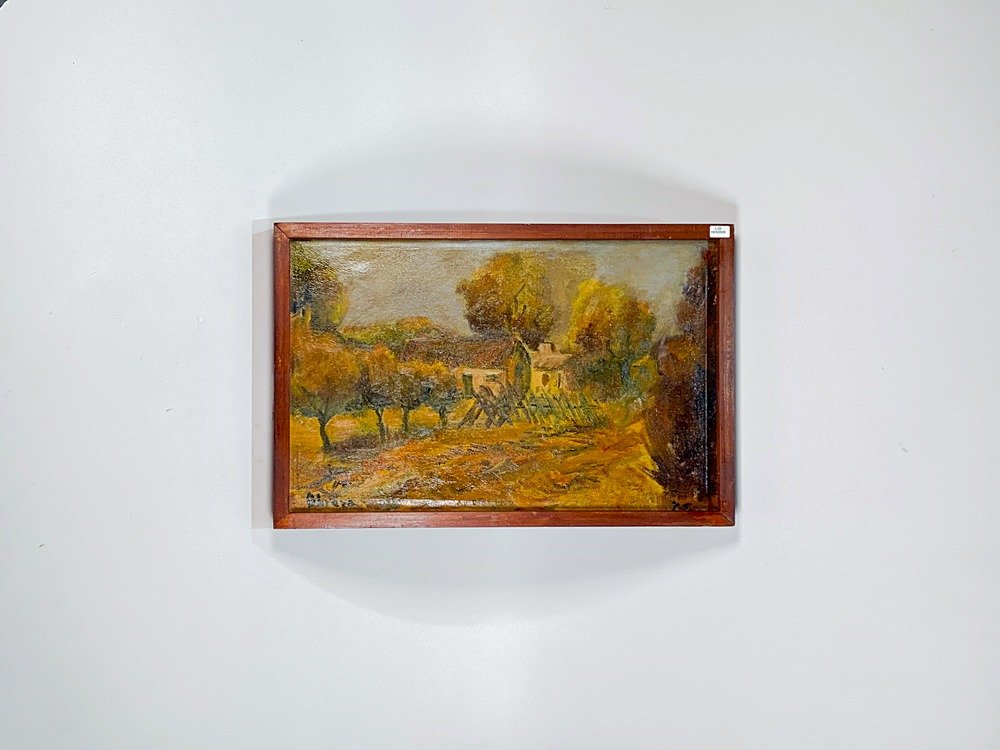 Cuadro al óleo: Paisaje Campestre con Rancho y Árboles, Firmado