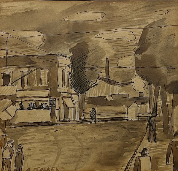 Augusto Torres "Escena de Ciudad" Tinta y Acuarela Firmada