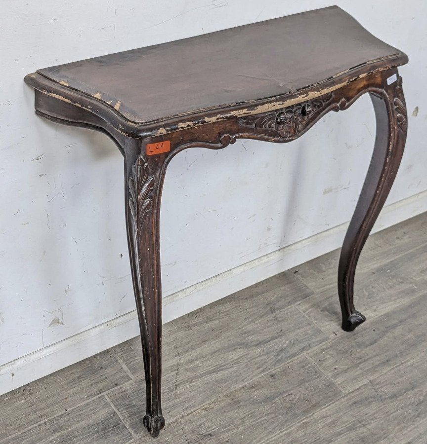 Consola Francesa Antigua de Madera con Vidrio y Detalles Tallados