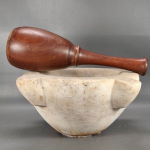 Antiguo Mortero de Mármol con Mano de Madera Noble - imagen 3