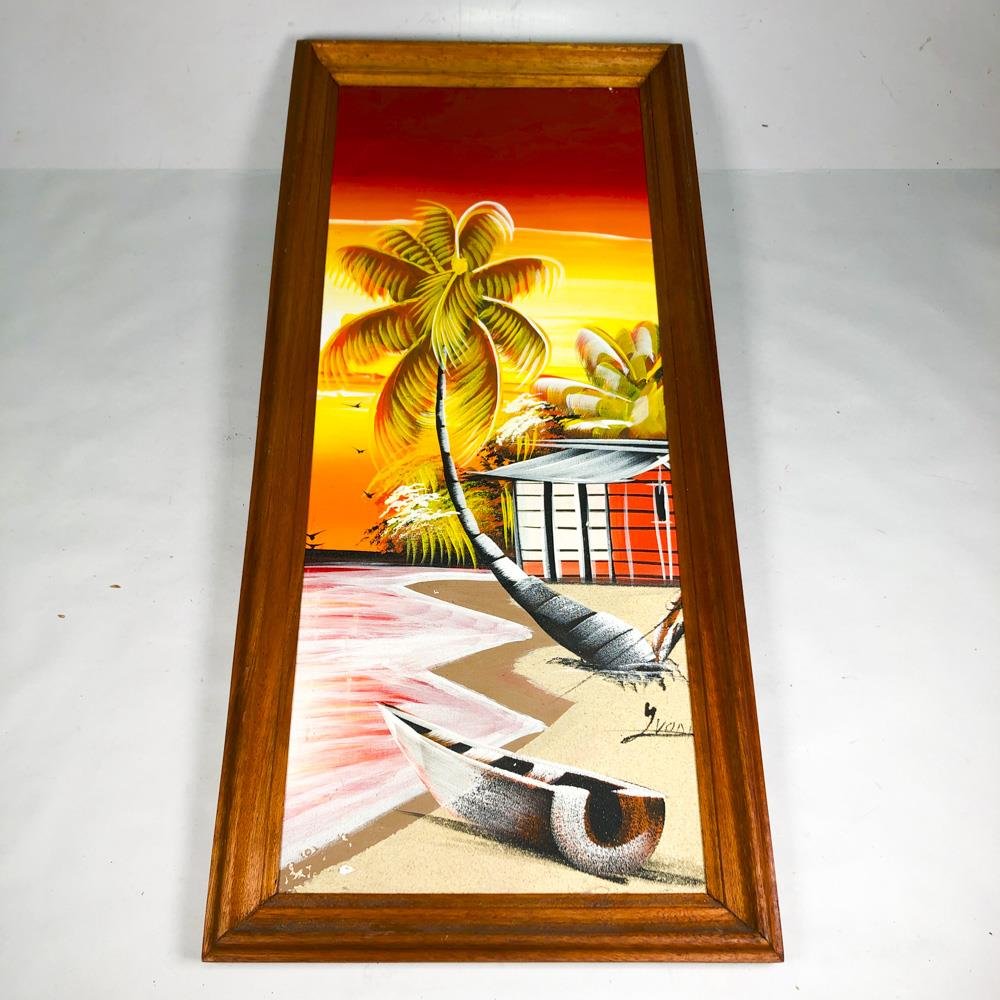Cuadro al Óleo sobre Tela: Paisaje Tropical con Palmera y Canoa, Marco de Madera