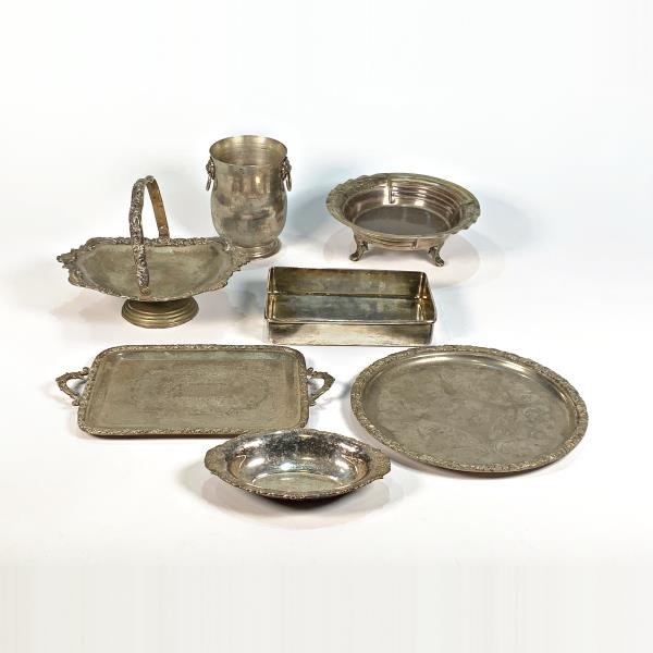 Set de 7 Piezas de Metal Plateado: Bandejas, Frutera, Hielera y Más