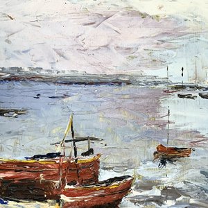 Cuadro al óleo: Playa con barca de pescadores, 23 x 17 cm - imagen 2
