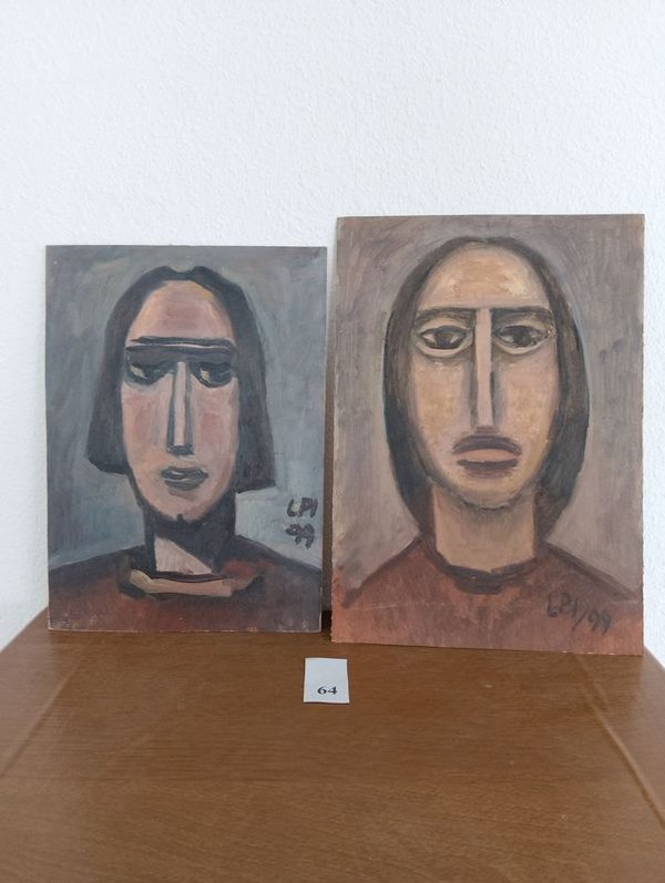 Dos Retratos al Óleo sobre Cartón Firmados LPI '99
