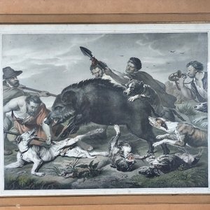 Grabado "Cacería de Jabalí" por Ernest Hanfstangl, con marco dorado y vidrio - imagen 10