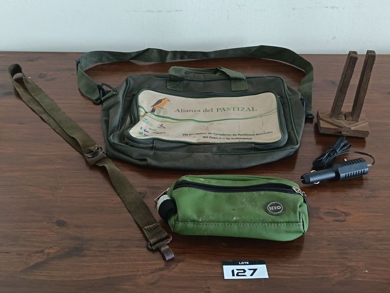 Bolsón Verde, Cartuchera, Soporte Madera y Cargador 12V