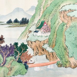 Cuadro Paisaje Oriental con Marco Dorado y Pana Verde - imagen 2