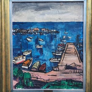 Óleo sobre lienzo "Escena de Puerto" de Jonio Montiel, con marco dorado - imagen 3