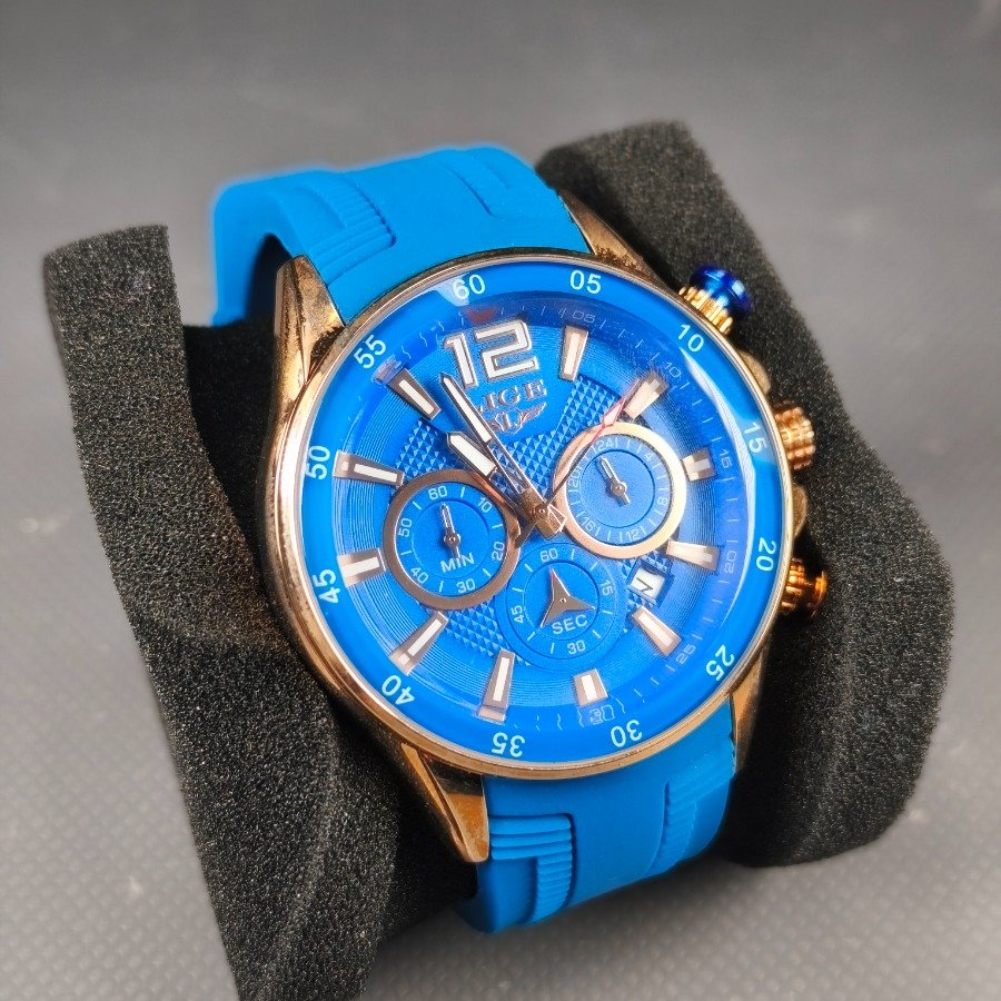 Reloj Lige Masculino Malla Azul Silicona, Caja Dorada