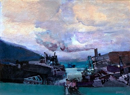 Lote anterior: Pintura de Hugo Nantes: Paisaje con barco y montañas