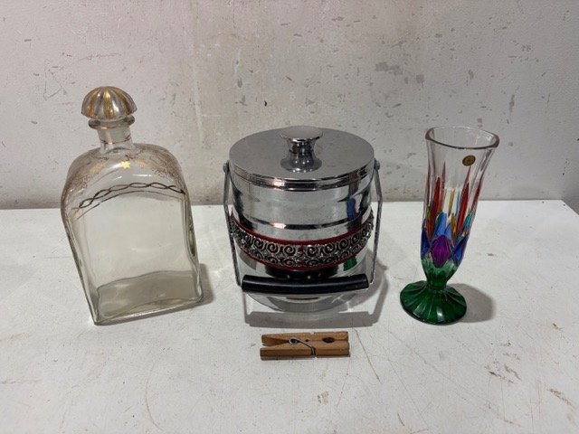Juego de Frasco Vidrio Dorado, Cubo Hielo Acero y Florero Vidrio