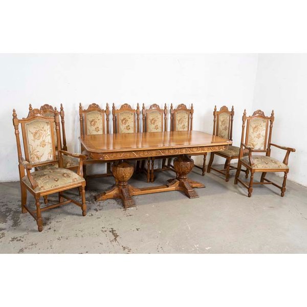 Juego de Comedor Estilo Tudor: Mesa con 6 Sillas y 2 Butacas Tapizadas - imagen 1
