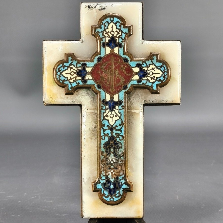 Crucifijo francés en bronce y esmalte sobre placa de mármol - imagen 7