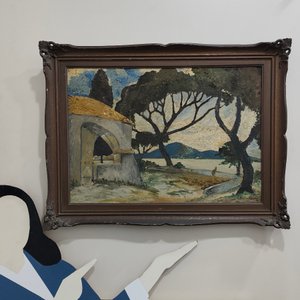 Oleo sobre Lienzo: Paisaje con Árboles y Mar, Firmado J. Hernández, Marco Tallado - imagen 11