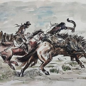 Acuarela Atribuida a Enrique Castells Capurro: Gauchos a Caballo - imagen 2