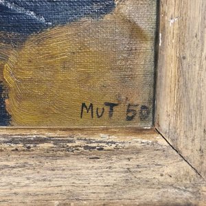 Oleo "MUT 50" Escena Portuaria Expresionista con Marco Desgastado - imagen 4