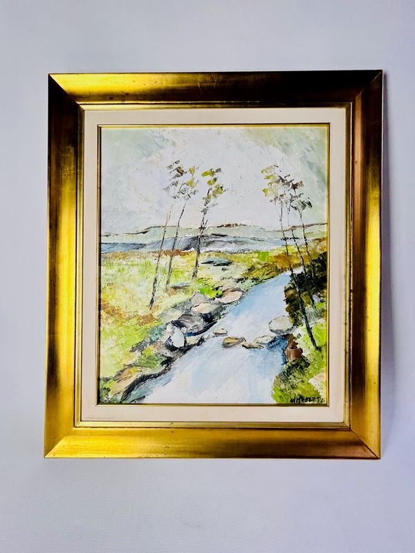 Cuadro al óleo "Cañada con árboles" firmado O. Musetti, marco dorado