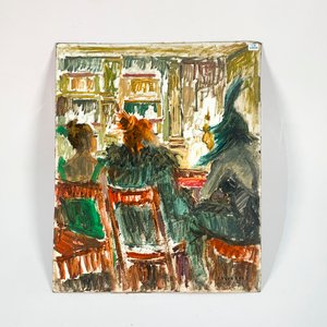 Cuadro al óleo sobre cartón: Bodegón con personajes bebiendo, firmado E. Vernaza - imagen 1