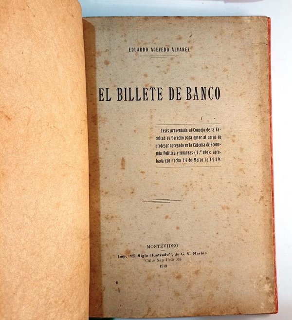 Libro "El Billete de Banco" de Eduardo Acevedo Álvarez - Tesis de Derecho 1919 - imagen 1