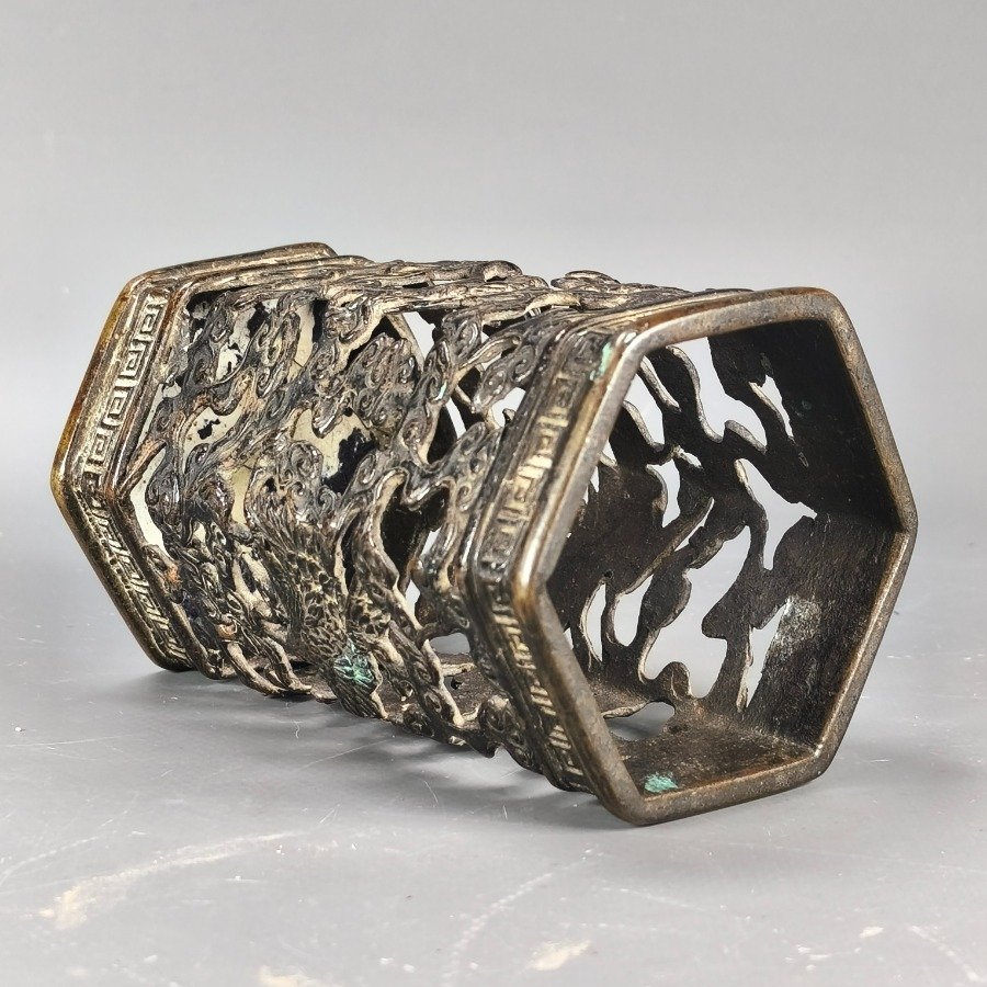 Antiguo bitong chino hexagonal en bronce reticulado, dinastía Qing - imagen 8