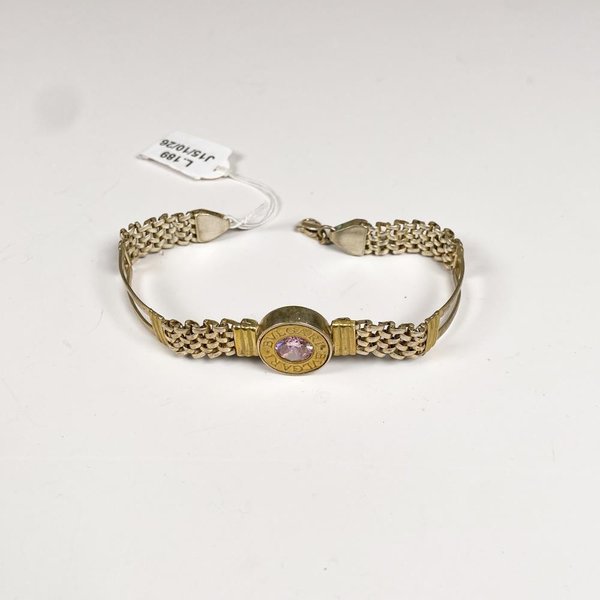 Pulsera de Plata con Piedra Rosa y Detalle Bulgari
