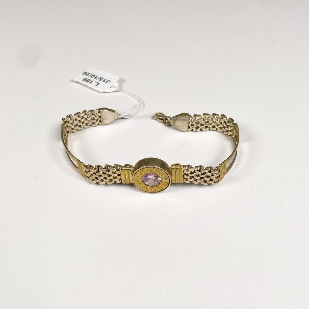 Pulsera de Plata con Piedra Rosa y Detalle Bulgari