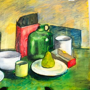 Cuadro al Óleo: Naturaleza Muerta con Frutas, Botellas y Queso - imagen 3
