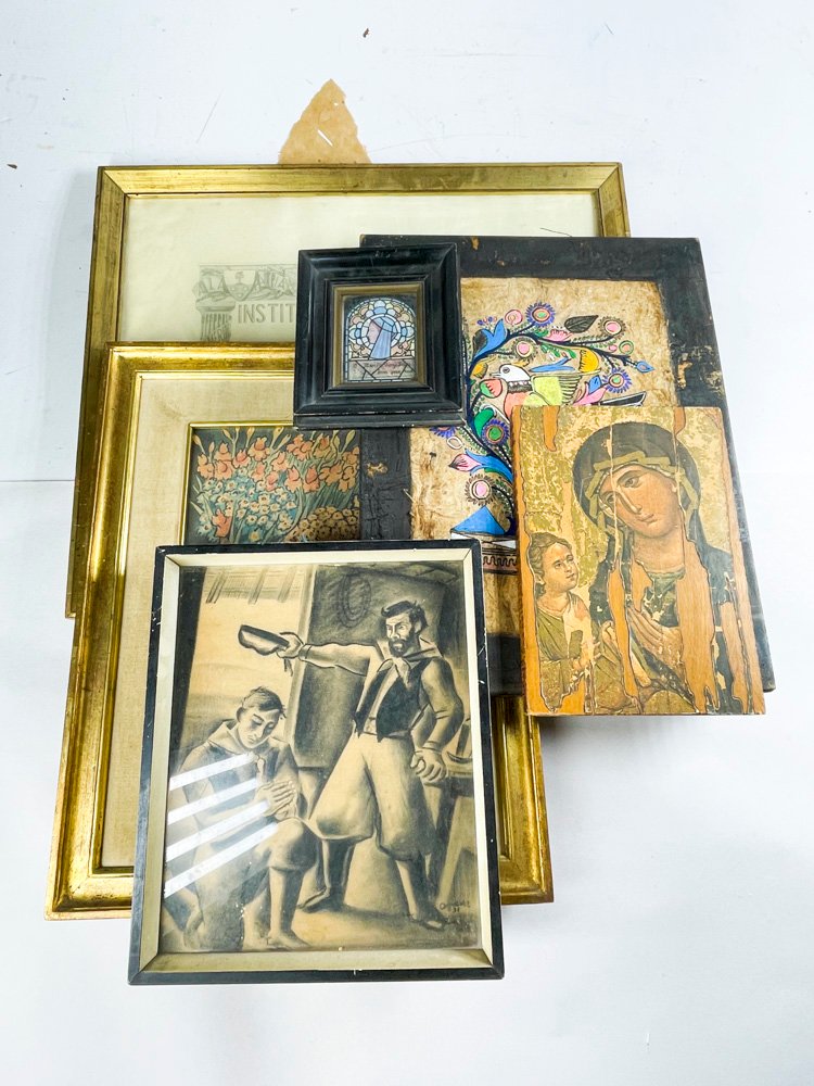 Lote siguiente: Seis cuadros multicolores con personajes y religioso