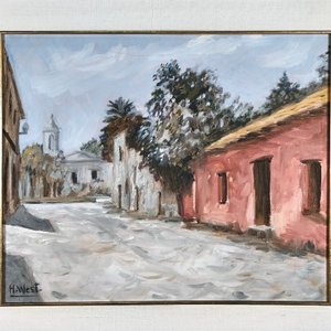 Óleo sobre lienzo firmado H. West: Escena de calle con fachadas y marco dorado - imagen 3