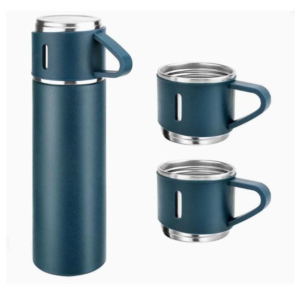 Set de termo de 500 ml frío calor con 3 tazas de acero inoxidable color azul