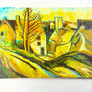 Óleo sobre Fibra: Paisaje de Caseríos en Tonos Marrones y Amarillos (68x48 cm) - imagen 1