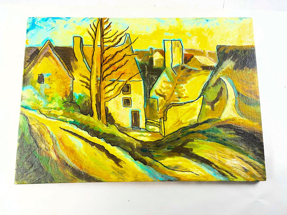 Óleo sobre Fibra: Paisaje de Caseríos en Tonos Marrones y Amarillos (68x48 cm)