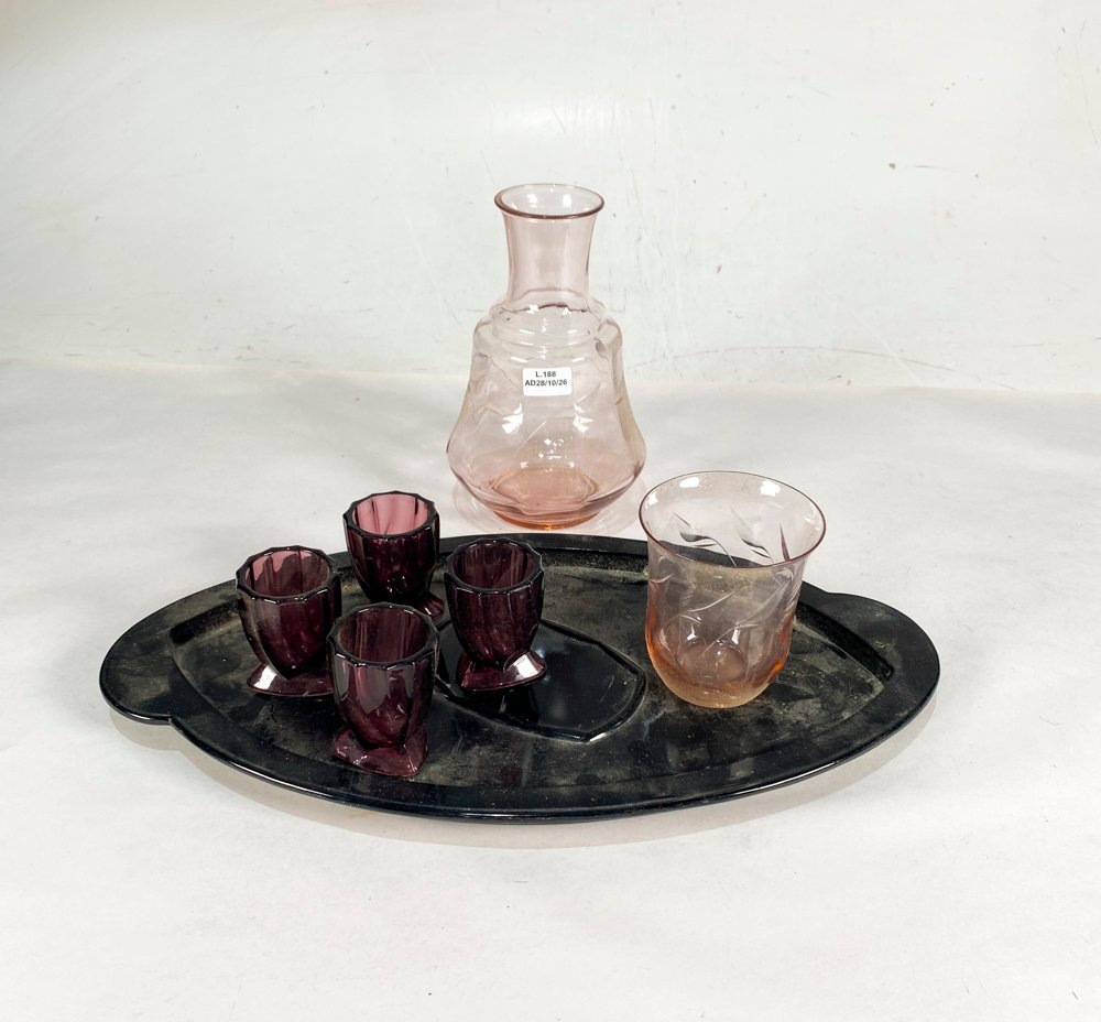Juego de Botellón y Vasos de Vidrio Rosa y Violeta
