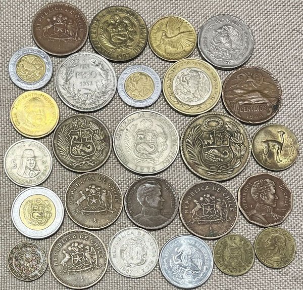 Lote de Monedas de América Latina: México, Perú, Chile, Costa Rica, Guatemala