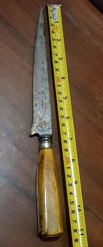 Cuchillo criollo antiguo con botón forjado y cabo de guampa rubia acuñado Franz Wenk Solingen - imagen 4