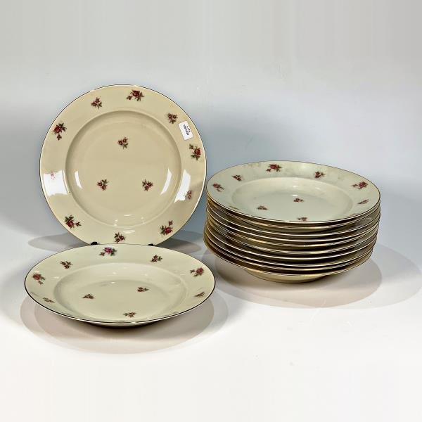 Doce Platos Hondos de Porcelana Bavaria Beige con Flores