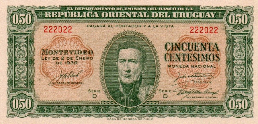 Billete de 50 Centésimos de Uruguay, Año 1939, Serie D, Sin Circular