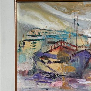 Óleo "Barcos en Puerto" de Corina Catarivas, 26x21cm - imagen 2