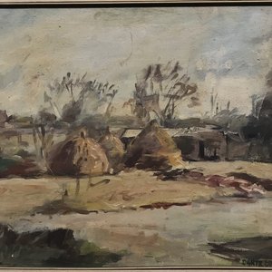 Óleo sobre lienzo "Escena Campestre" de Dante Cola con marco dorado - imagen 4