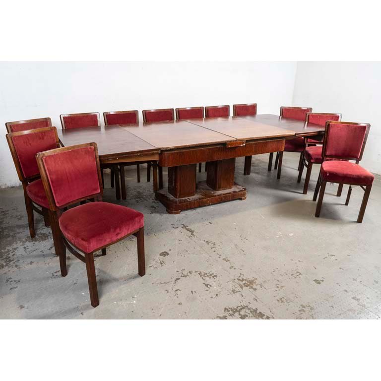 Mesa de Comedor Art Decó con 12 Sillas Rojas y Tablas Extensibles
