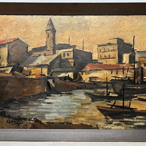 Carlos Llanos "Escena de ciudad y puerto" Óleo sobre cartón 51 x 84 cm - imagen 2
