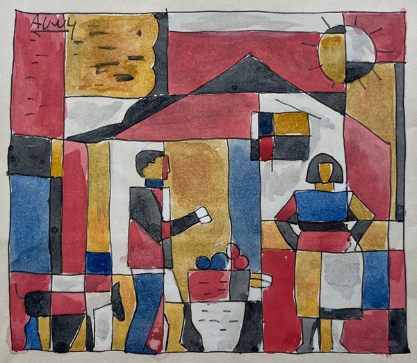 Acuarela "Constructivo con personajes" de Julio Uruguay Alpuy