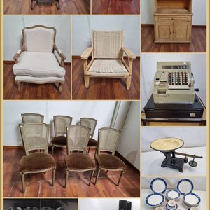 Lote anterior: Muebles y Electrodomésticos Antiguos: Máquina de Coser, Escritorio, Biblioteca, Sillas y Caja Registradora
