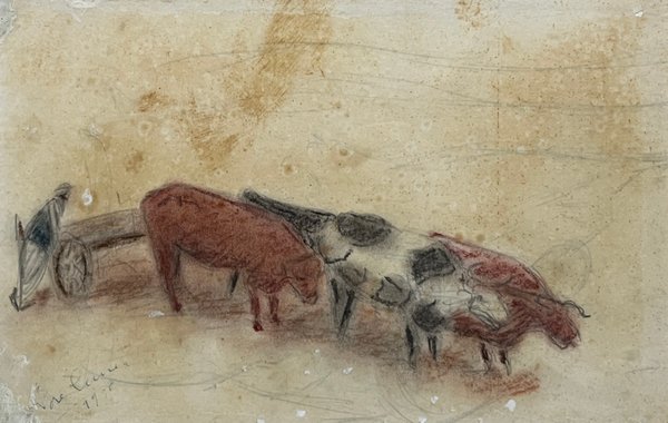 Obra "Carreta con bueyes" de José Cuneo, Pastel sobre Papel