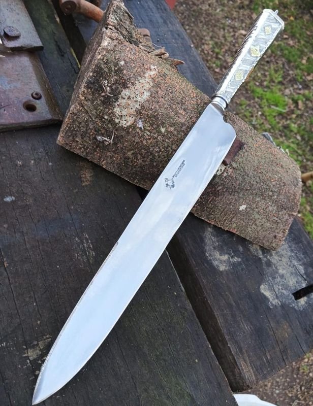 Cuchillo Antiguo Broqua & Scholberg Sol, Cabo Alpaca y Bronce, Hoja 28cm