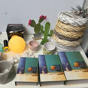 Lote siguiente: Lote Decorativo: Luna Luminosa, Cactus, Aros de Mimbre y Más