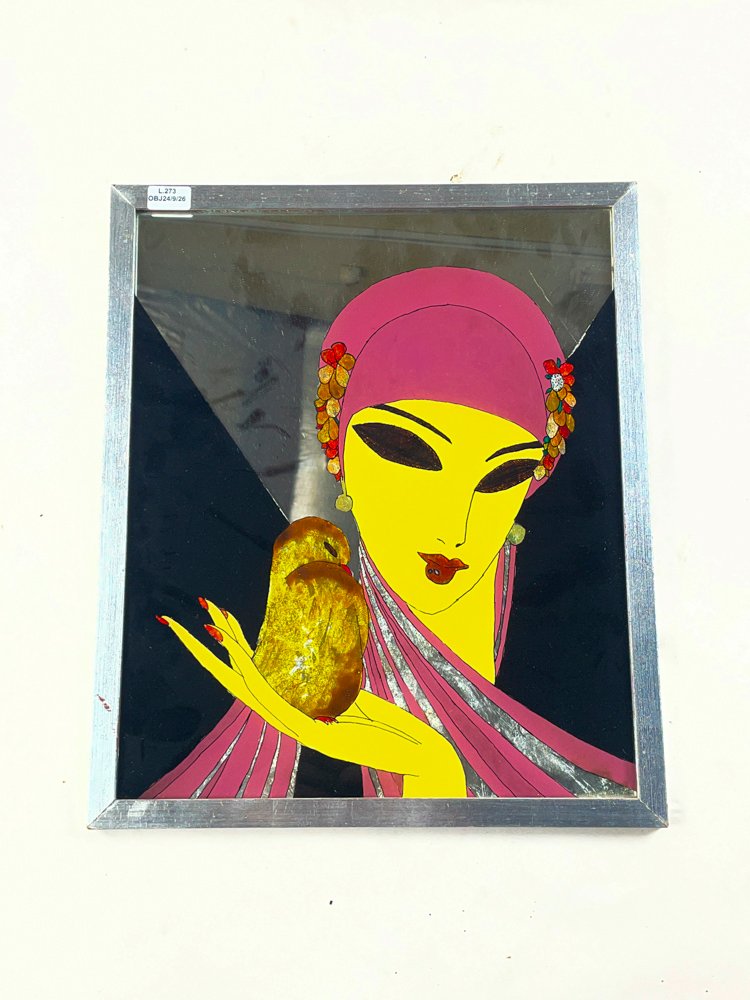 Cuadro Espejado con Dama y Pájaro, 38x32 cm